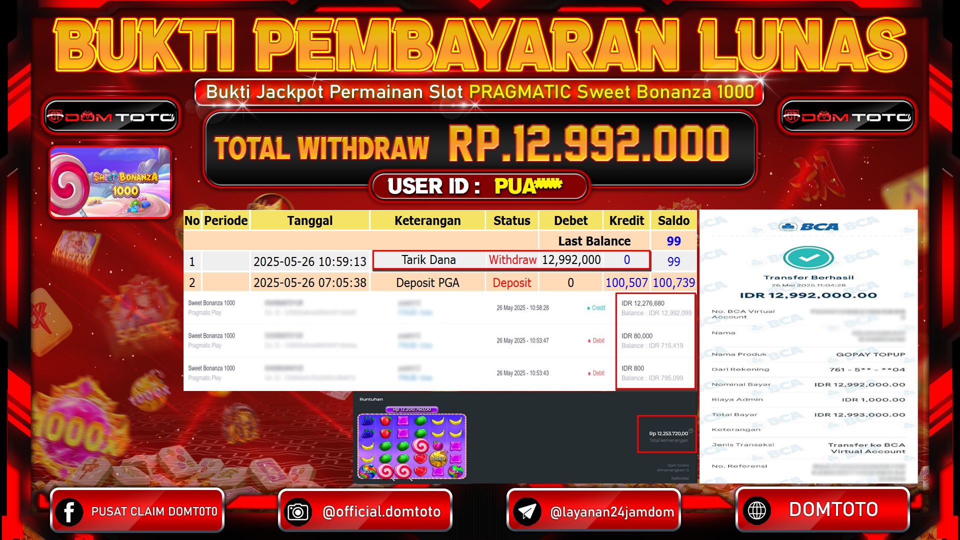 JACKPOT SLOT SWEET BONANZA 1000 26  MEI 2025